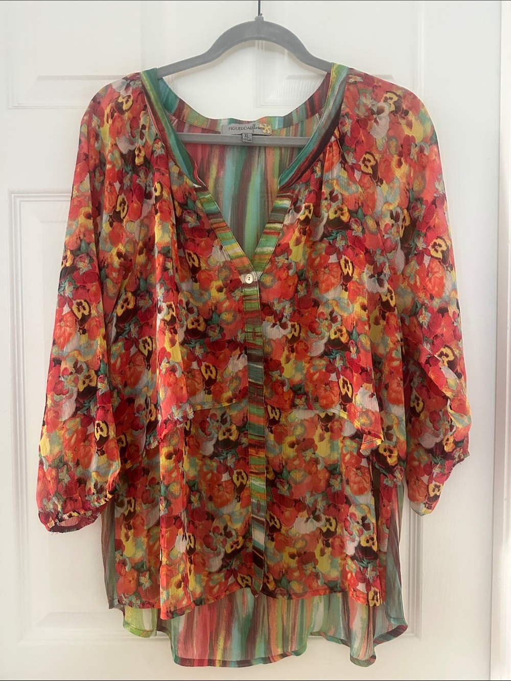 Nicole Miller Floral Sheer Tunic in Red, Green & Yellow
